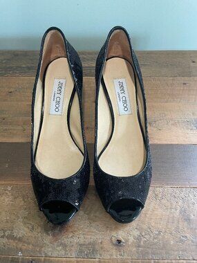 Jimmy Choo Black Sequin Peep Toe Kitten Heels | EU 36.5 / US 6.5